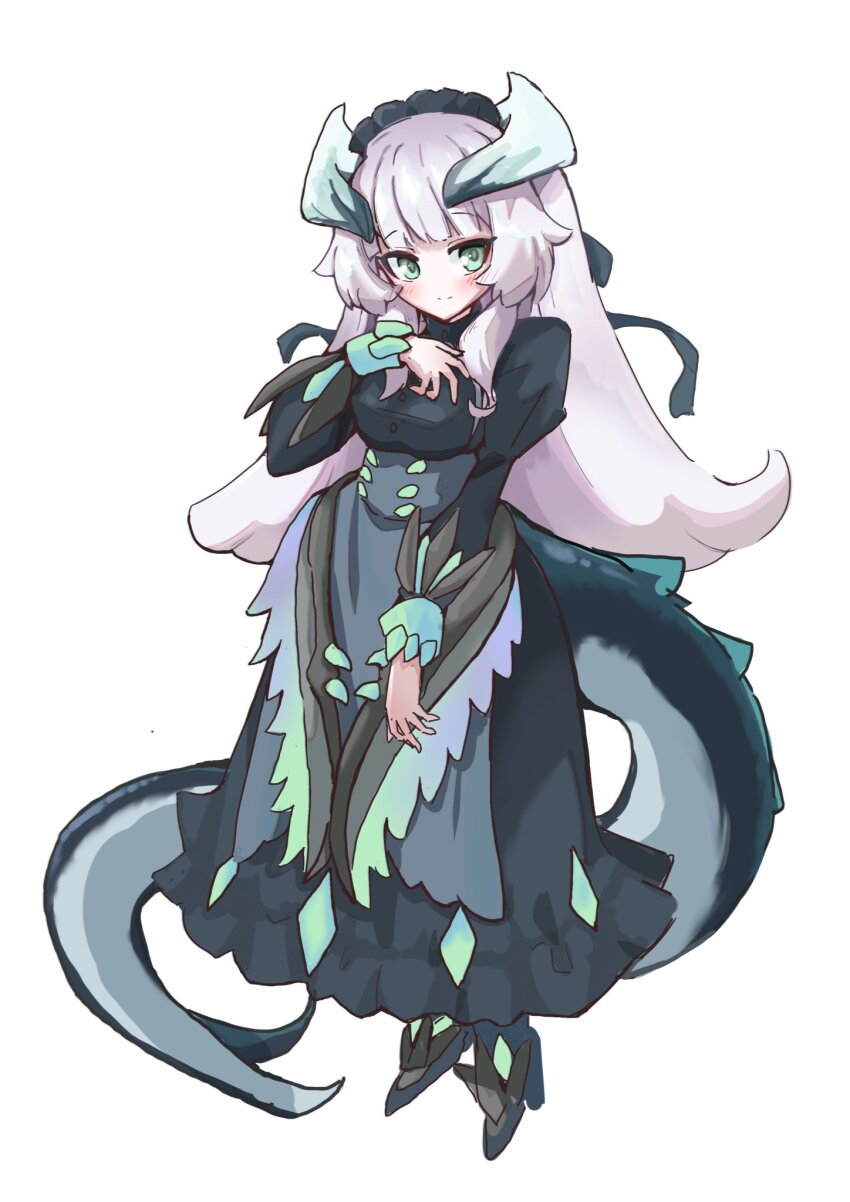 1girl, apron, blush, breasts, buttons, chamber_dragonmaid, closed_mouth, dragon_horns