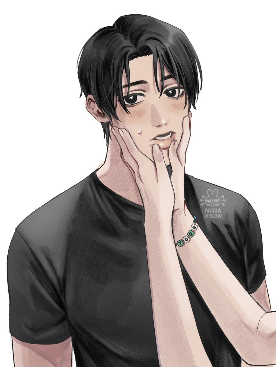 1boy, 1other, araramyeon, artist_logo, artist_name, black_eyes, black_hair, bracelet, hand_on_another's_face, highres, jewelry, jujutsu_kaisen, logo, looking_at_viewer, male_focus, okkotsu_yuta, open_mouth, short_hair, short_sleeves, simple_background, sweatdrop, teeth, upper_body, white_background