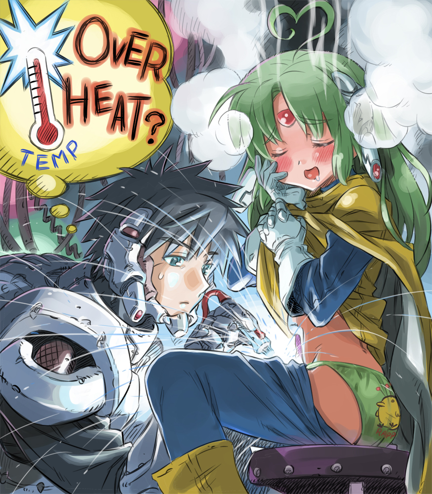 1boy, 1girl, :d, ahoge, android, black_hair, blush, closed_eyes, clothes_pull, completely_unamused, cyborg, forehead_jewel, furena, furena_(phantasy_star), gloves, green_hair, hand_on_own_cheek, hand_on_own_face, heart, heart_ahoge, isedaichi_ken, long_hair, open_mouth, panties, pants, pants_pull, phantasy_star, phantasy_star_iv, rappy, robot_ears, saliva, searren_(phantasy_star), sega, serious, sitting, smile, soldering_iron, steam, sweatdrop, unamused, uncommon_stimulation, underwear, wren_(phantasy_star)