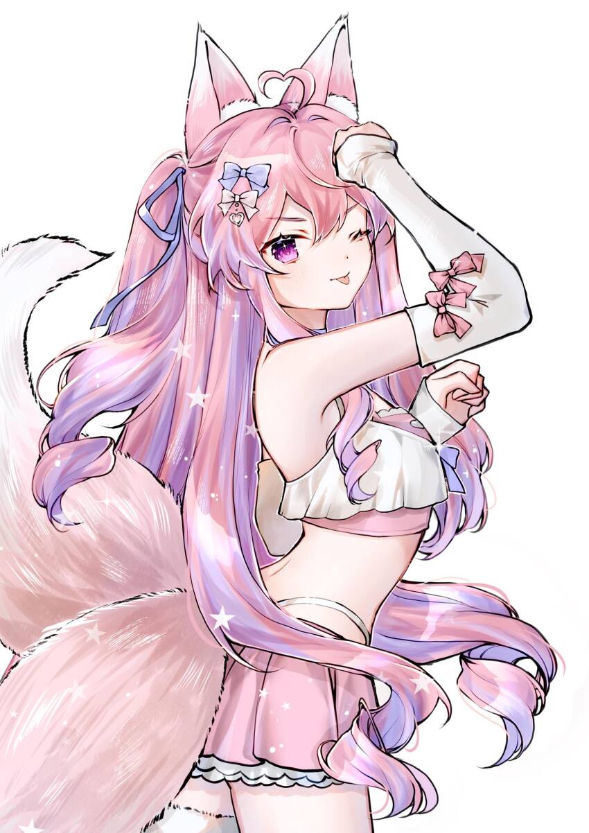 1girl, animal_ears, artist_request, blue_ribbon, check_artist, curly_hair, fingerless_gloves, fox_ears