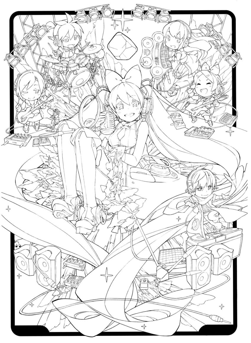 2boys, 4girls, absurdly_long_hair, bass_guitar, boots, bow, cymbals, dress