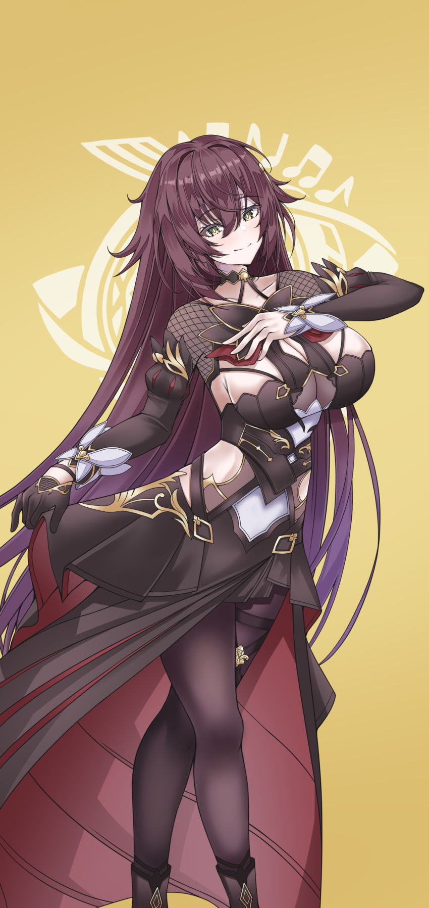 1girl, absurdres, black_dress, black_gloves, black_pantyhose, breasts, brown_hair, clothing_cutout, commentary_request, dress, eden_(honkai_impact), full_body, gloves, hair_between_eyes, highres, honkai_(series), honkai_impact_3rd, large_breasts, long_hair, pantyhose, side_cutout, signet_of_gold, smile, solo, tor_ai, very_long_hair, yellow_background, yellow_eyes