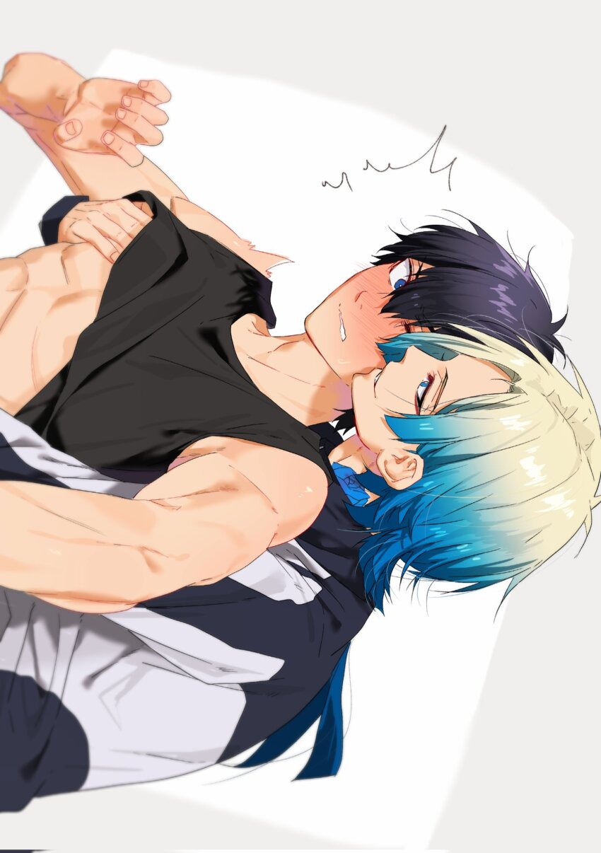 2boys, abs, behind_another, bl_111252, black_hair, black_tank_top, blonde_hair, blue_eyes