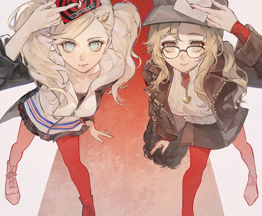 2girls, absurdres, aqua_eyes, arm_up, bag, between_fingers, black-framed_eyewear, black_bag, black_jacket, black_skirt, blonde_hair, brown_eyes, brown_jacket, newsboy_cap, card, closed_mouth, crossover, envelope, foot_out_of_frame, from_above, glasses, grey_hat, grey_skirt, hand_up, hat, highres, holding, holding_card, holding_envelope, hood, hooded_jacket, jacket, legs_apart, long_hair, looking_at_viewer, melania_(reverse:1999), miniskirt, ms._acey, multiple_girls, pantyhose, persona, persona_5, plaid_clothes, plaid_skirt, red_background, red_footwear, red_pantyhose, reverse:1999, school_uniform, shoulder_bag, shuujin_academy_school_uniform, side_ponytail, skirt, smile, sweater, takamaki_anne, twintails, two-tone_background, white_background, white_jacket, white_sweater, xiao_wu_(xiaowujunyuegaohao)