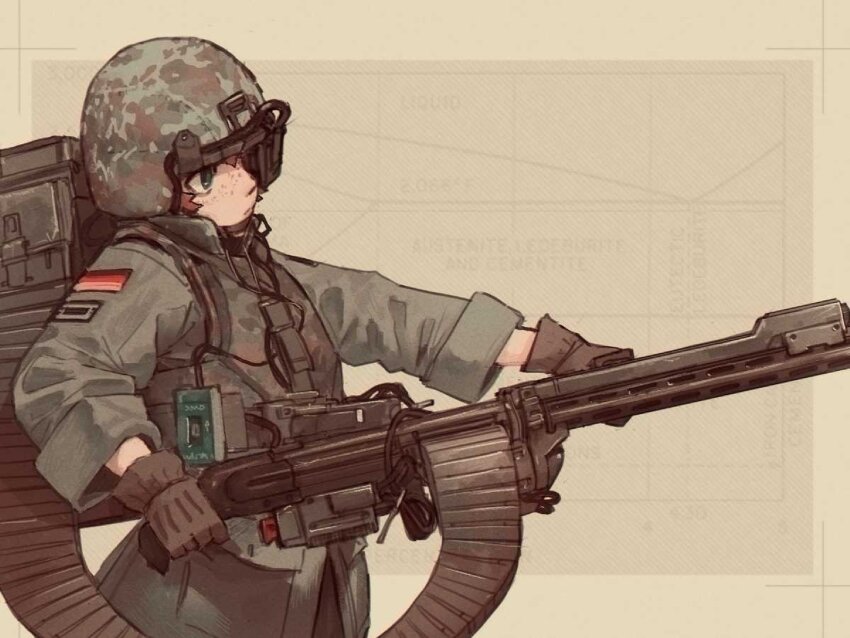 1girl, alien_(series), aliens_(1986), ammunition_backpack, ammunition_belt, ammunition_chute, black_gloves, brown_background