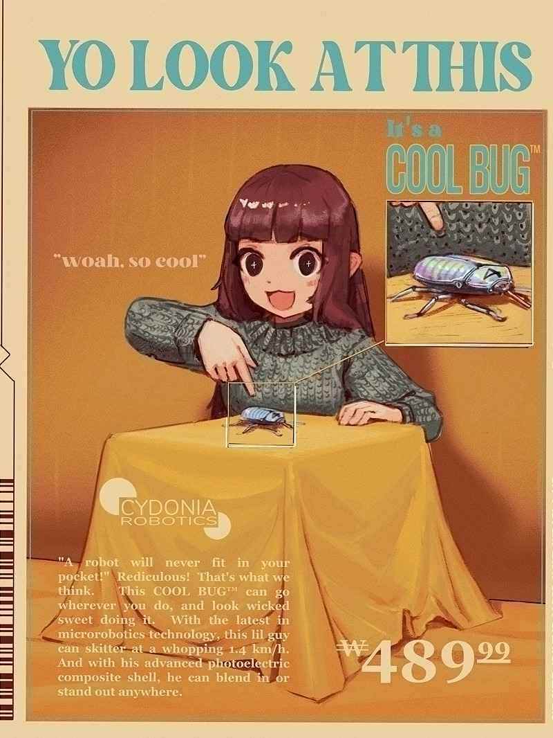 +_+, 1girl, :3, :d, beetle, black_eyes, blunt_bangs, blush