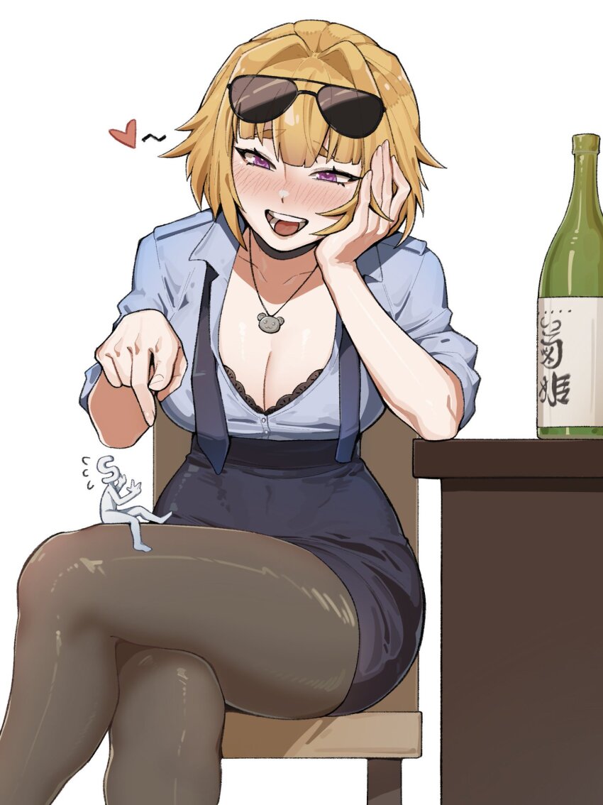 1boy, 1girl, bear_necklace, black_bra, black_pantyhose, black_skirt, blue_shirt, blush, bottle, bra, bra_peek, breasts, chair, cleavage, collarbone, commentary, crossed_legs, english_commentary, eyewear_on_head, girls'_frontline, grizzly_mkv_(elite_on_patrol)_(girls'_frontline), grizzly_mkv_(girls'_frontline), hair_intakes, heart, highres, mini_person, necktie, on_chair, open_mouth, orange_hair, pantyhose, pencil_skirt, pointing, s-head_commander, second-party_source, shirt, simple_background, sitting, skirt, smile, sunglasses, teeth, underwear, undone_necktie, white_background, yablofap