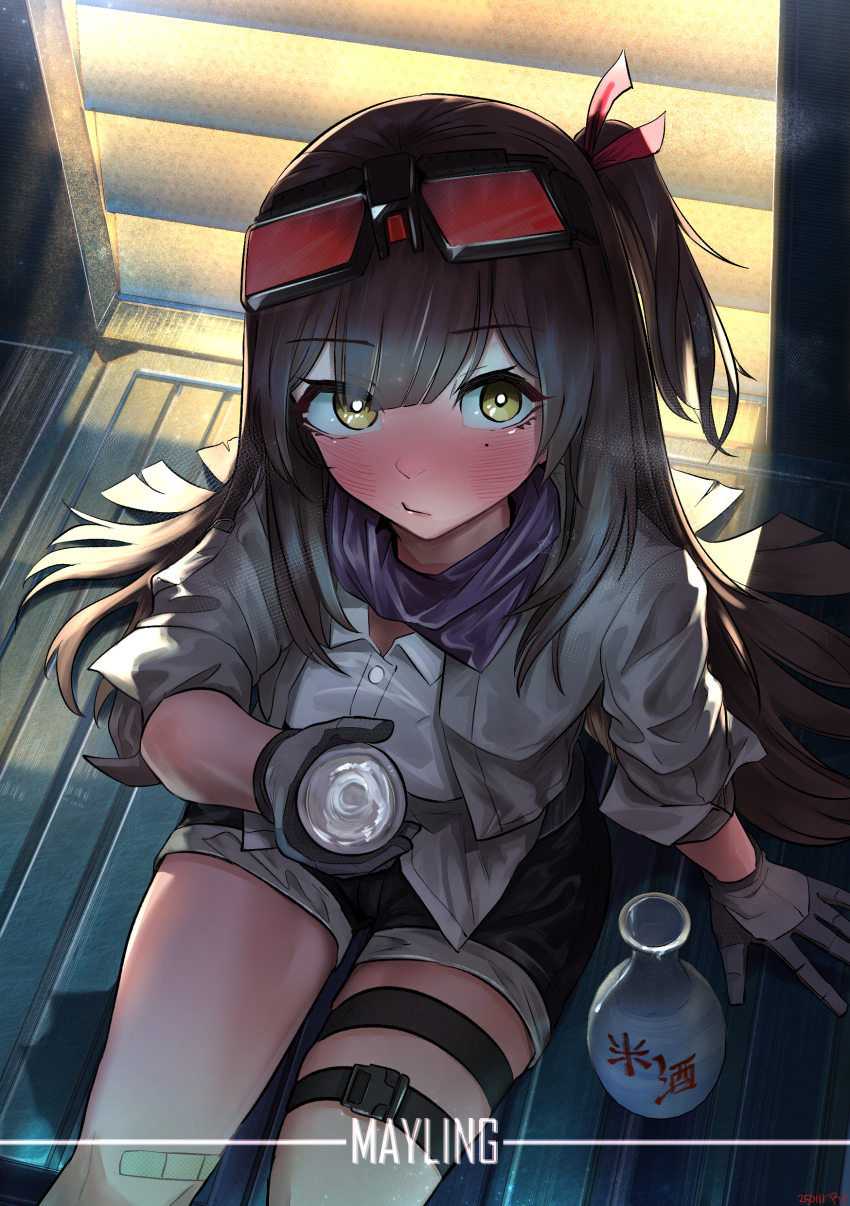 1girl, absurdres, alcohol, black_gloves, black_shorts, blush, bottle, brown_eyes