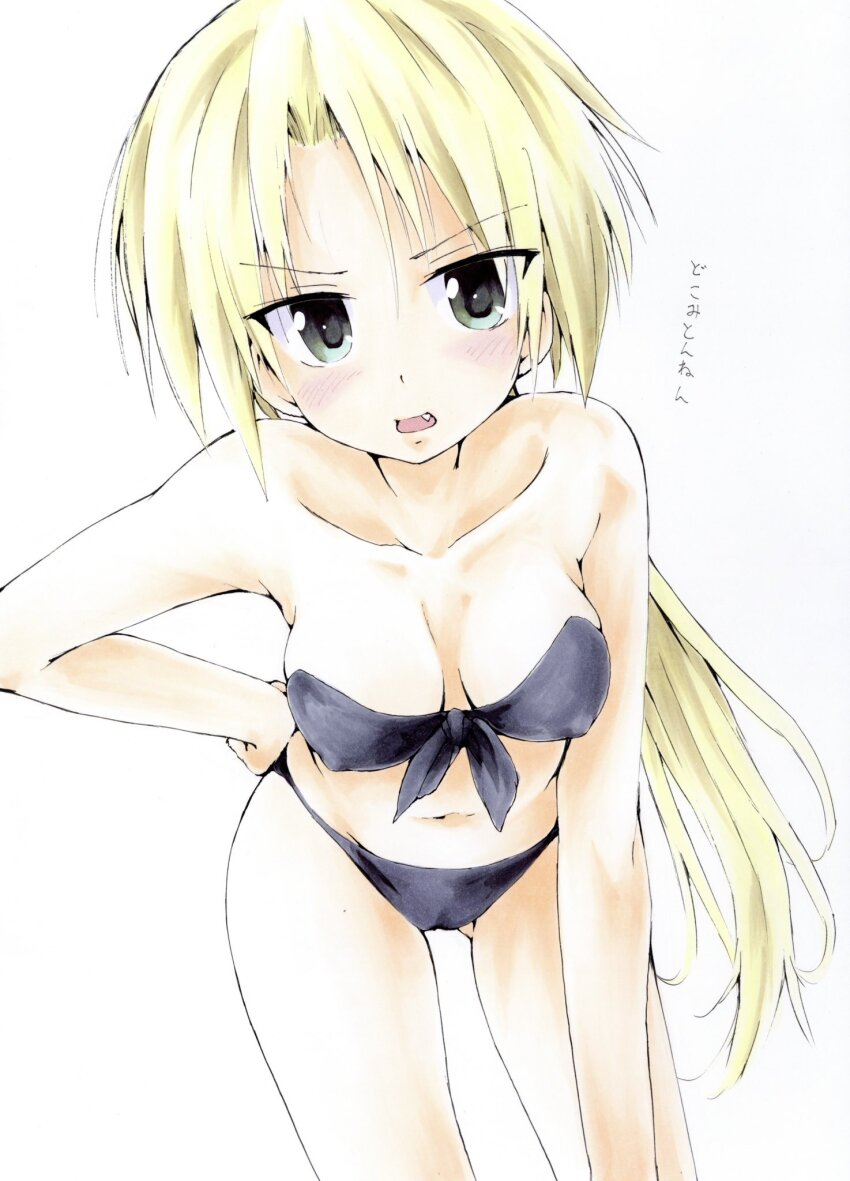 1girl, bare_shoulders, bikini, blonde_hair, blue_bikini, blush, collarbone, commentary_request