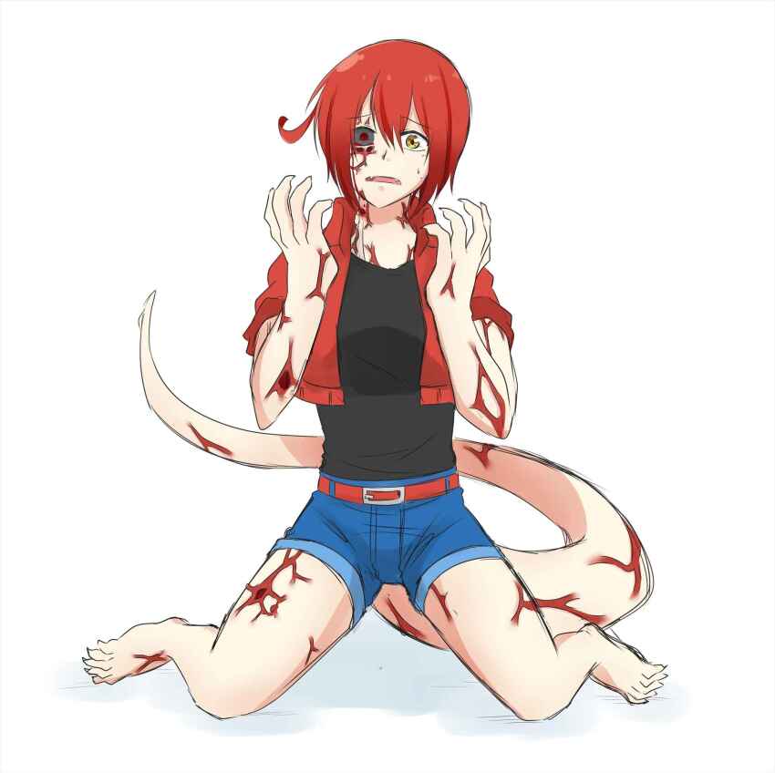 1girl, ae-3803, bad_id, bad_pixiv_id, belt, black_sclera, breasts, cancer_cell_(hataraku_saibou), claws, colored_sclera, corruption, fangs, fingernails, haruyo_sakuragi, hataraku_saibou, heterochromia, highres, jacket, looking_at_hand, monster, monster_girl, monsterification, red_blood_cell_(hataraku_saibou), red_eyes, red_hair, scared, sharp_fingernails, sharp_teeth, sharp_toenails, short_hair, shorts, sitting, tail, teeth, toenails, transformation, veins, wide-eyed, yellow_eyes