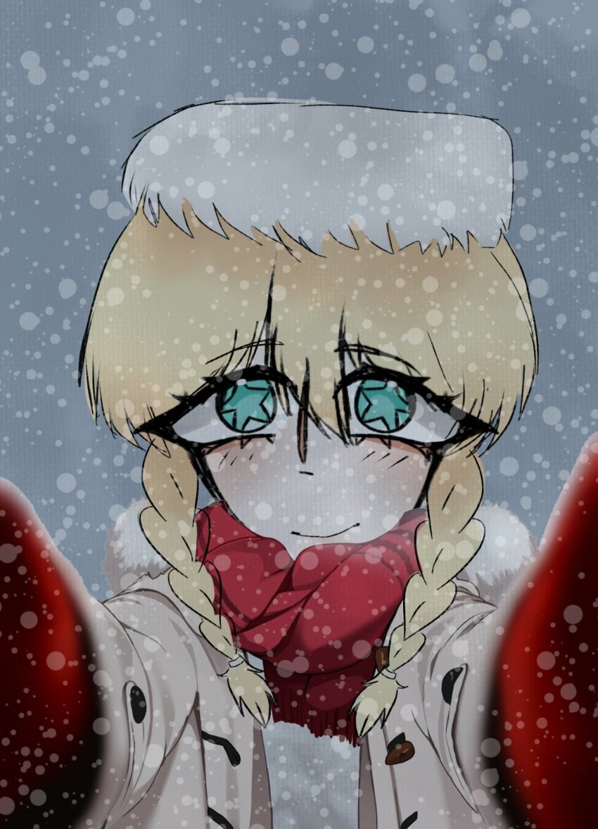 1girl, black_souls, black_souls_2, blonde_hair, blue_background, blue_eyes, braid, closed_mouth, gerda_(black_souls), gorlatnaya, highres, jacket, meme, pov_cheek_warming_(meme), princessoffear, red_scarf, scarf, simple_background, symbol-shaped_pupils, twin_braids, white_jacket, winter_gloves