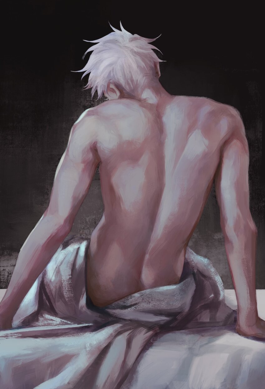 1boy, 3aem, back, black_background, gojo_satoru, hands_on_bed, hashtag-only_commentary, highres