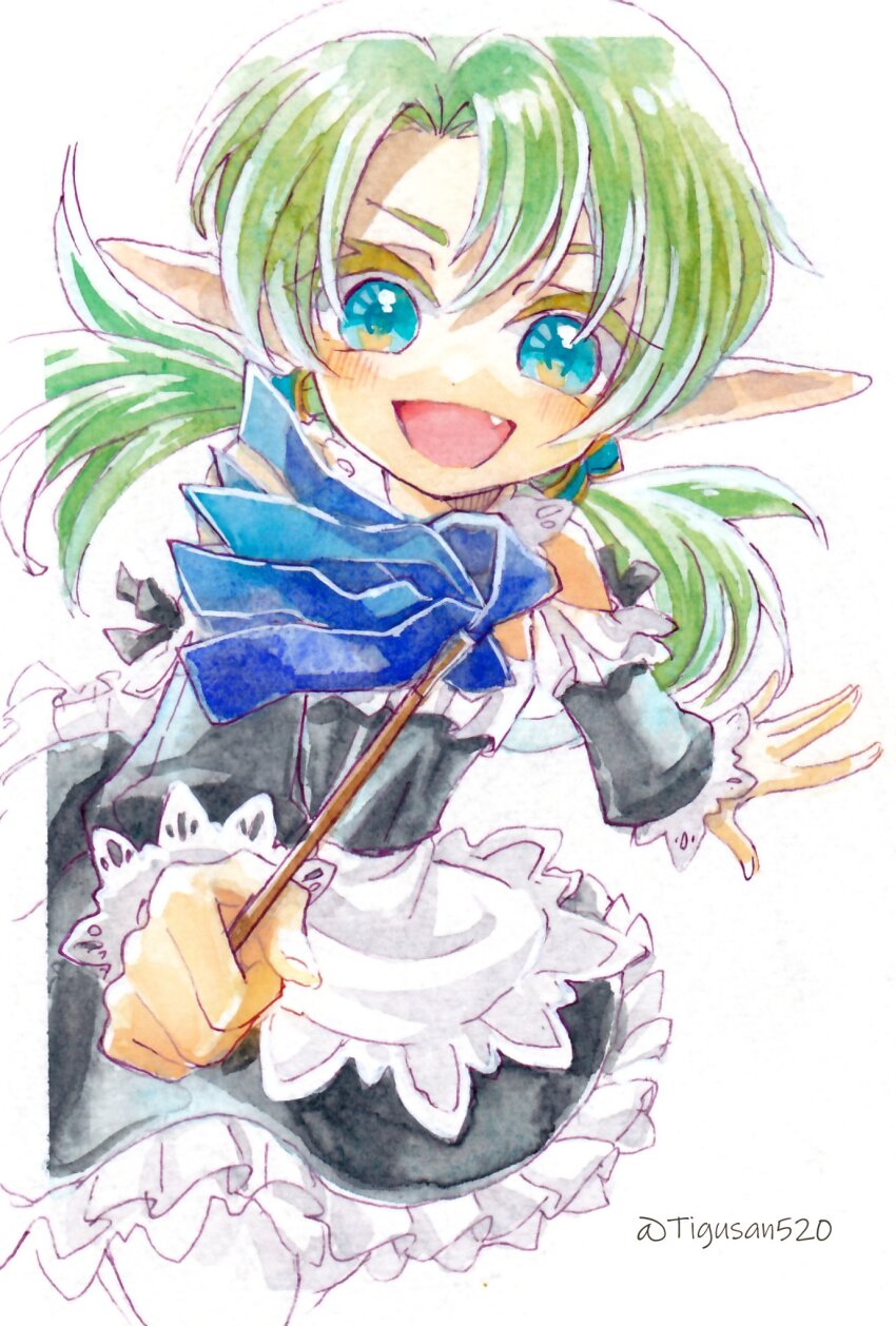 1girl, apron, artist_name, blue_eyes, dress, fang, frilled_dress, frills