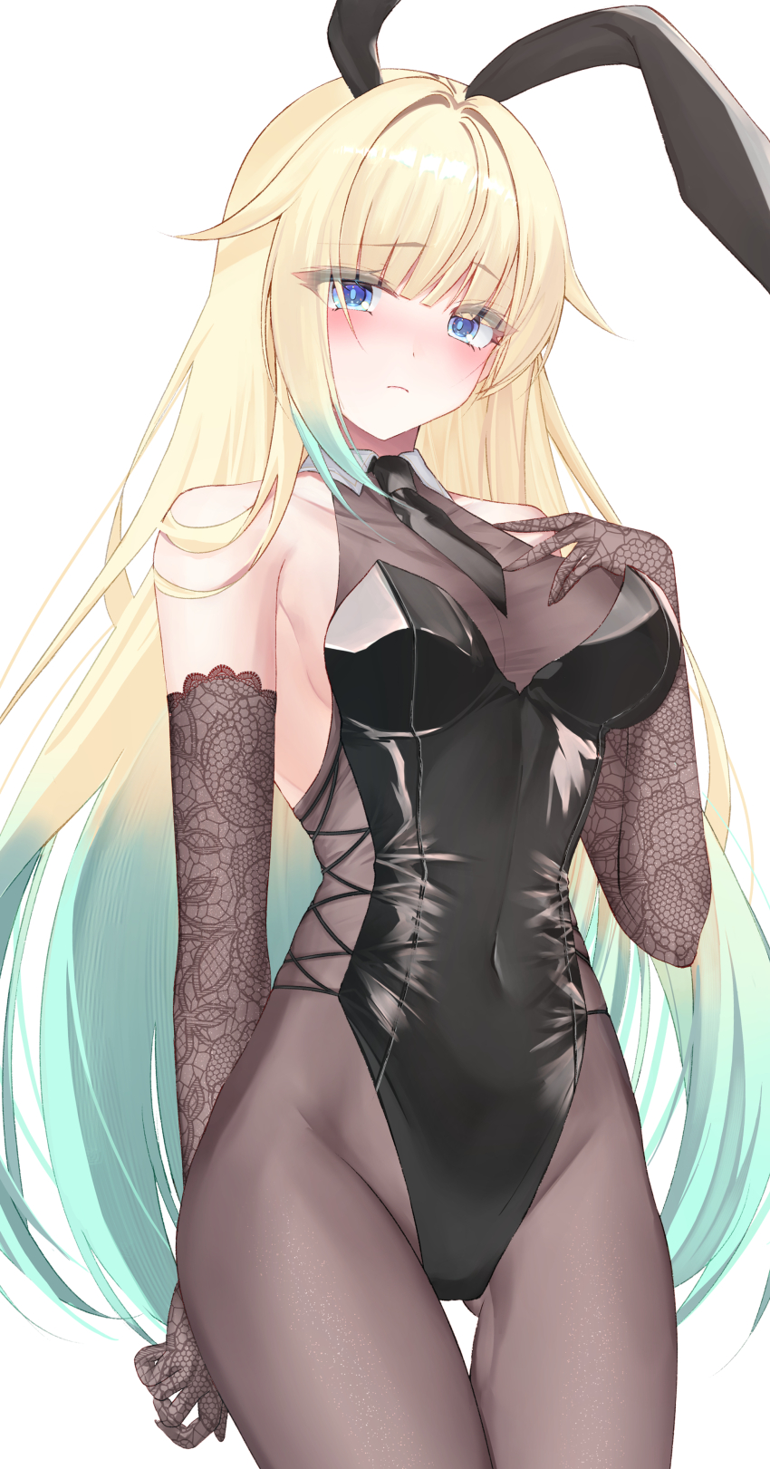 1girl, absurdres, aizawa_ema, animal_ears, aqua_hair, black_leotard, black_necktie, blonde_hair