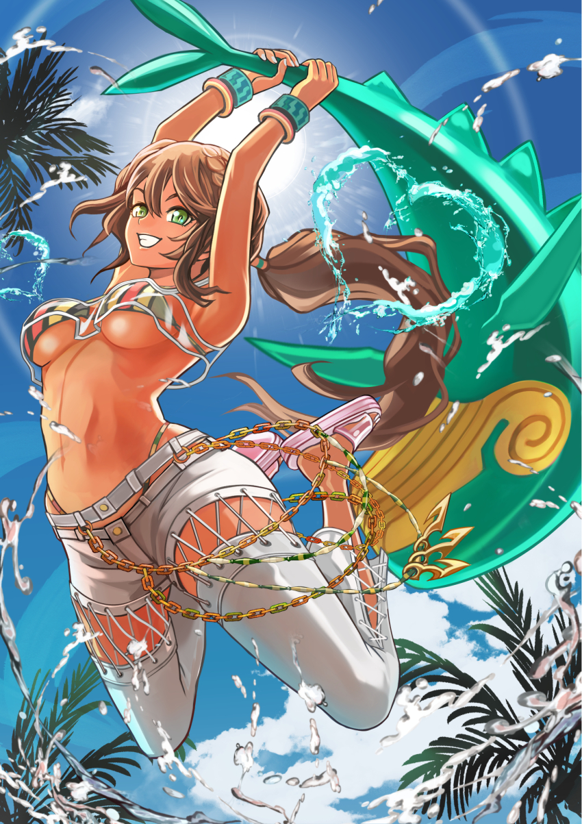 1girl, andromeda_(fate), andromeda_(second_ascension)_(fate), bikini, blue_sky, bracelet, breasts, brown_hair