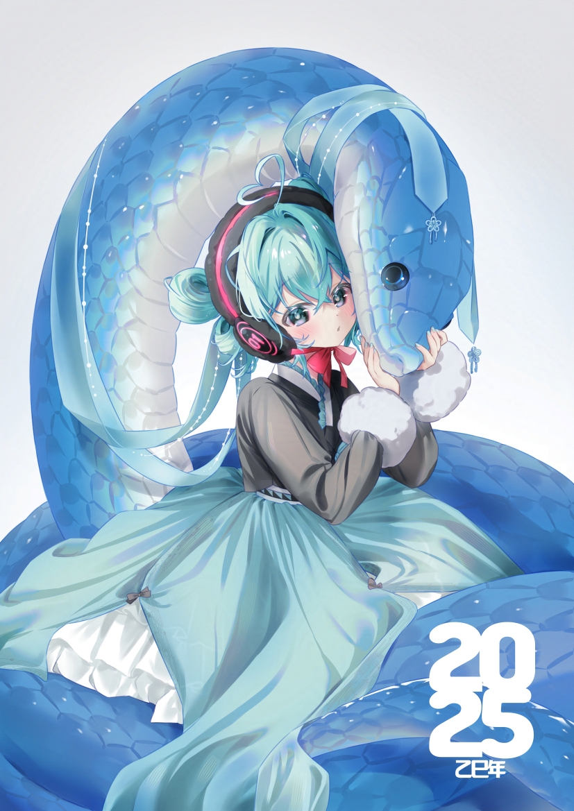 1girl, 2025, ahoge, alternate_costume, animal, aqua_hair, aqua_skirt, arami_o_8