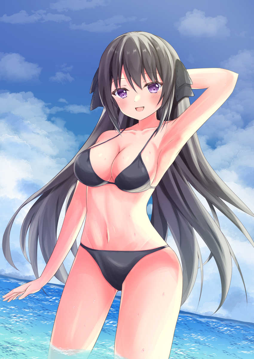 :d, absurdres, ao_no_kanata_no_four_rhythm, armpits, bare_arms, bikini, black_bikini, blue_sky