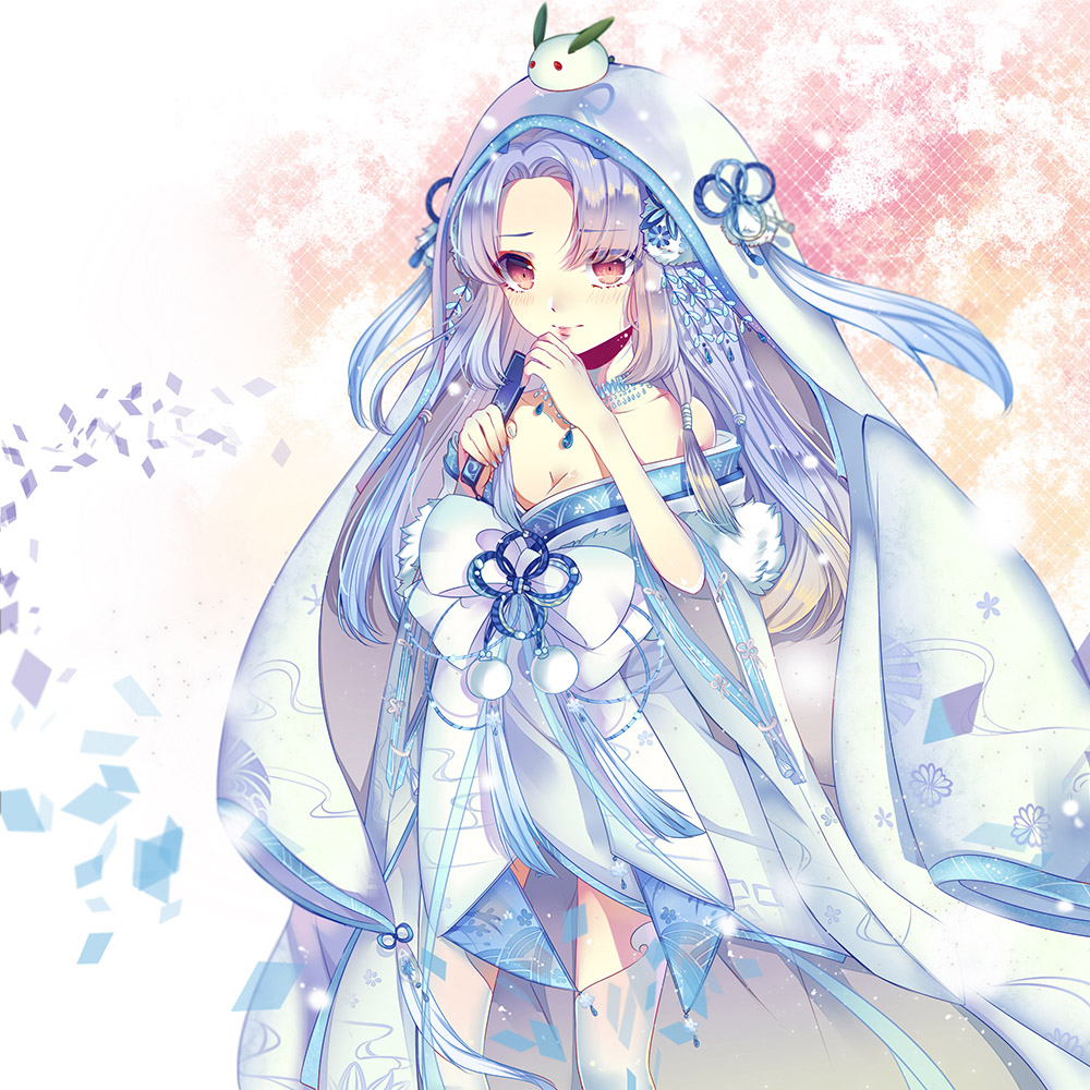 1girl, animal, animal_on_head, bare_shoulders, blonde_hair, blue_hair, blue_ribbon, bow