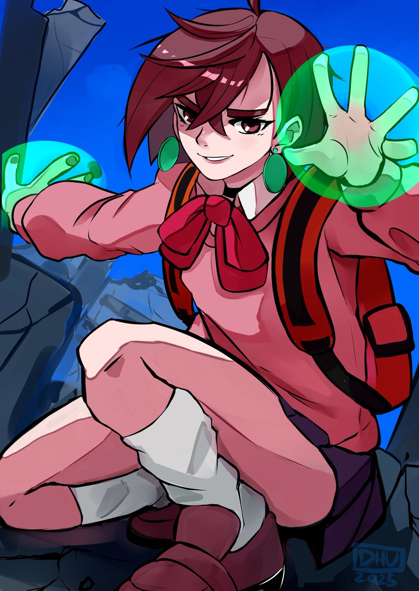 1girl, ayase_momo, blue_skirt, blush, bow, bowtie, brown_hair, collared_shirt, commentary_request, crossed_bangs, dandadan, danyhu16, day, full_body, glowing_hands, hair_between_eyes, highres, kneeling, leg_warmers, medium_hair, miniskirt, open_mouth, outdoors, parted_bangs, pink_sweater, pleated_skirt, red_bow, red_bowtie, ruins, shirt, skirt, smile, solo, sweater, white_shirt