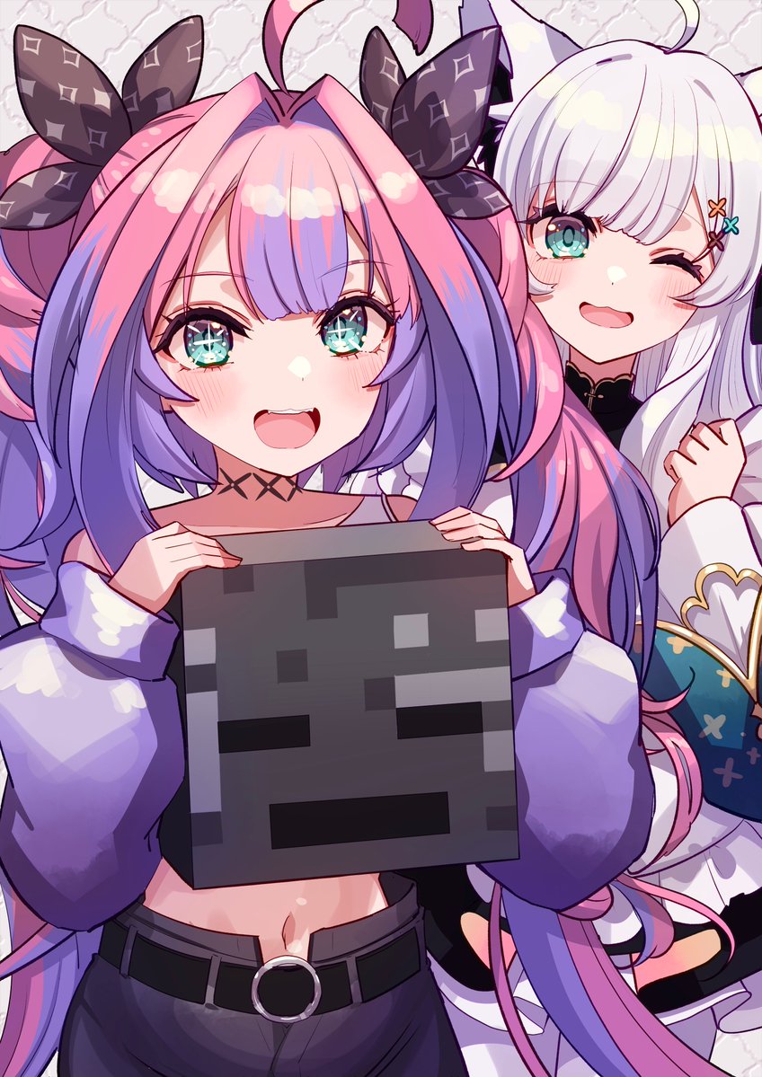 2girls, ahoge, animal_ears, belt, black_belt, blue_eyes, fox_ears, hololive