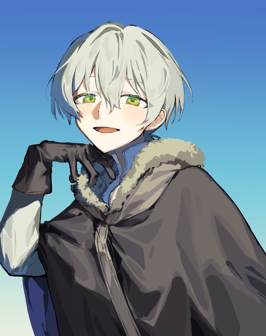 1boy, absurdres, bad_id, bad_twitter_id, black_gloves, blue_background, chizuru_(cizz_ru), cloak