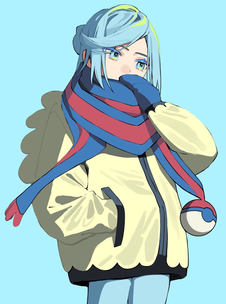 1boy, bad_id, bad_twitter_id, blue_background, blue_eyes, blue_hair, blue_mittens, blue_pants