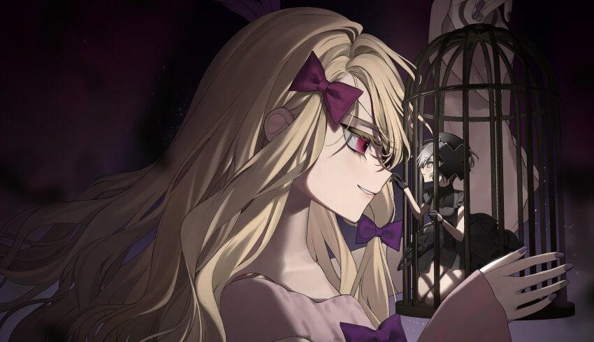 2girls, absurdres, bad_id, bad_twitter_id, birdcage, black_dress, black_gloves, blonde_hair