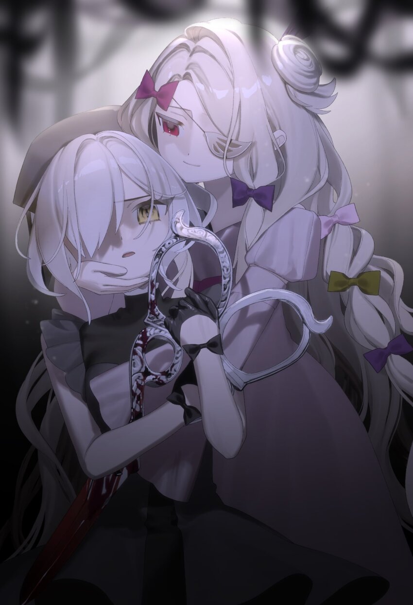 2girls, bad_id, bad_twitter_id, black_dress, black_gloves, black_hat, blonde_hair, blood