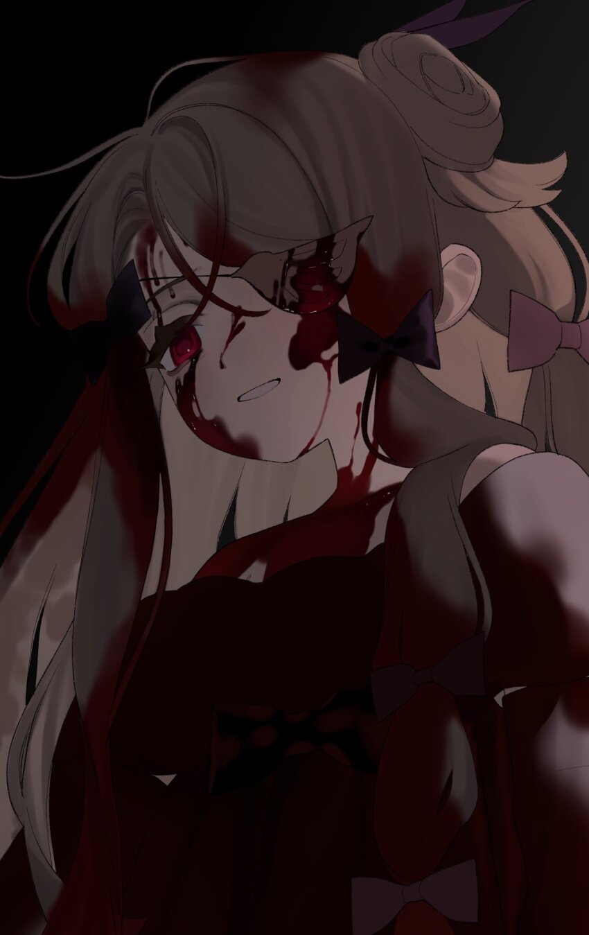 1girl, bad_id, bad_twitter_id, black_background, blonde_hair, blood, blood_on_clothes, blood_on_face