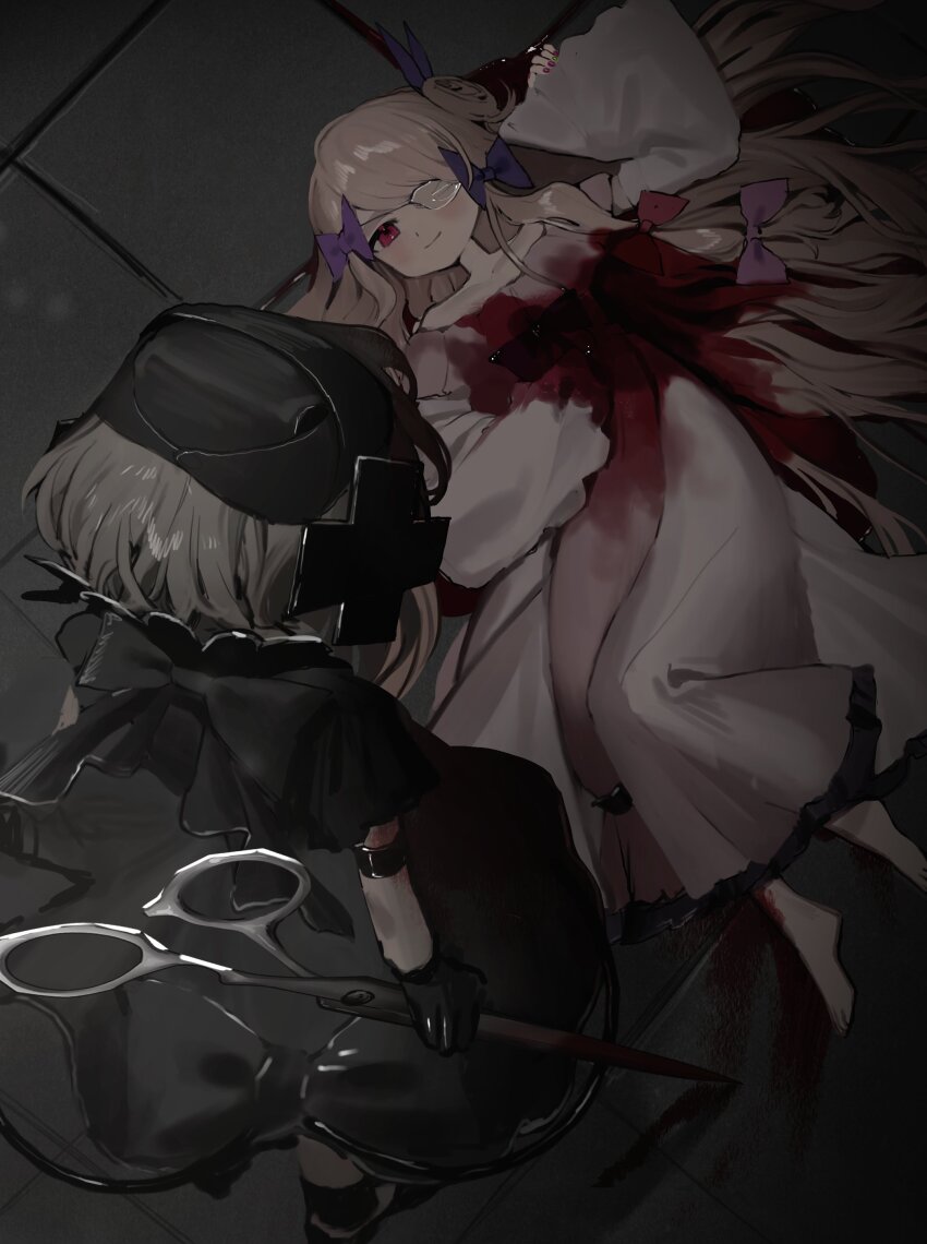 2girls, absurdres, bad_id, bad_twitter_id, barefoot, black_dress, black_gloves, black_hat