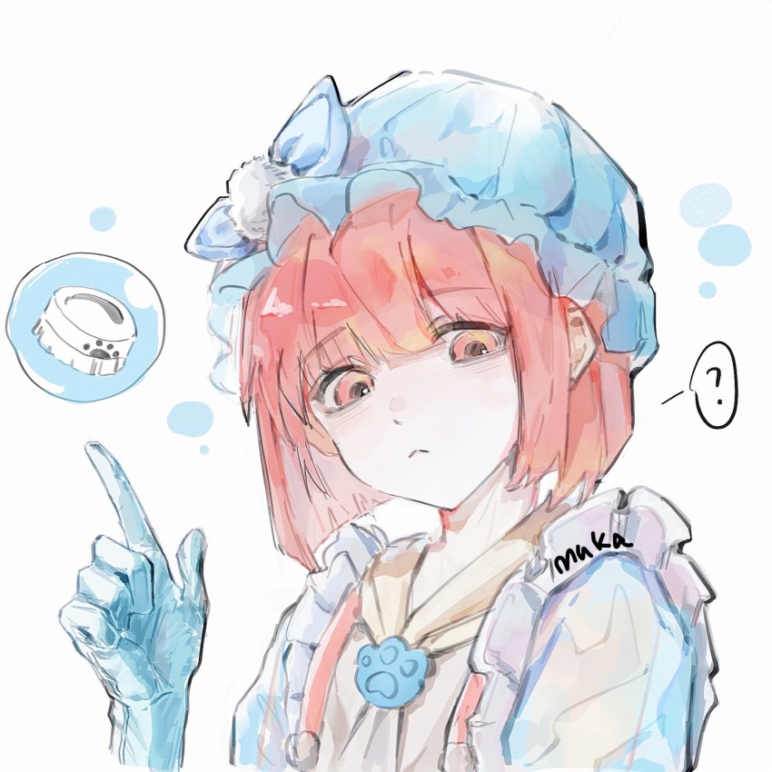 1girl, apron, blue_bow, blue_gloves, blue_hat, blue_shirt, blunt_bangs, blunt_ends, bob_cut, bow, brown_hair, bubble, bye-bye_dust_(infinity_nikki), closed_mouth, dot_nose, eyelashes, frilled_apron, frilled_headwear, frills, frown, gloves, hair_brush, hat, hat_bow, highres, infinity_nikki, mob_cap, muka_(lz479), nikki_(series), paw_print, pink_eyes, pink_hair, pointing, pointing_up, pom_pom_hat_ornament, puffy_short_sleeves, puffy_sleeves, rubber_gloves, see-through_clothes, see-through_sleeves, shirt, short_hair, short_sleeves, signature, simple_background, solo, speech_bubble, upper_body, white_background, yellow_apron