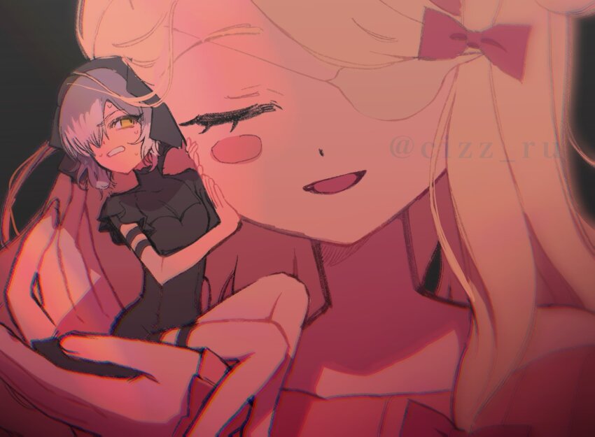 2girls, bad_id, bad_twitter_id, black_dress, black_hat, blonde_hair, blush_stickers, bow