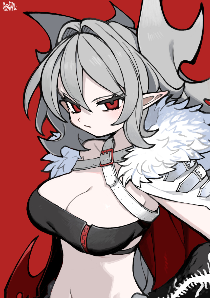 1girl, abysmal, bandeau, belt, black_bandeau, breasts, cape, chest_belt