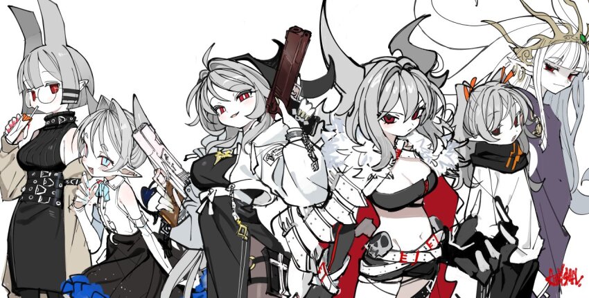 6+girls, abysmal, ahoge, belt, black_pantyhose, black_scarf, black_shorts, black_skirt