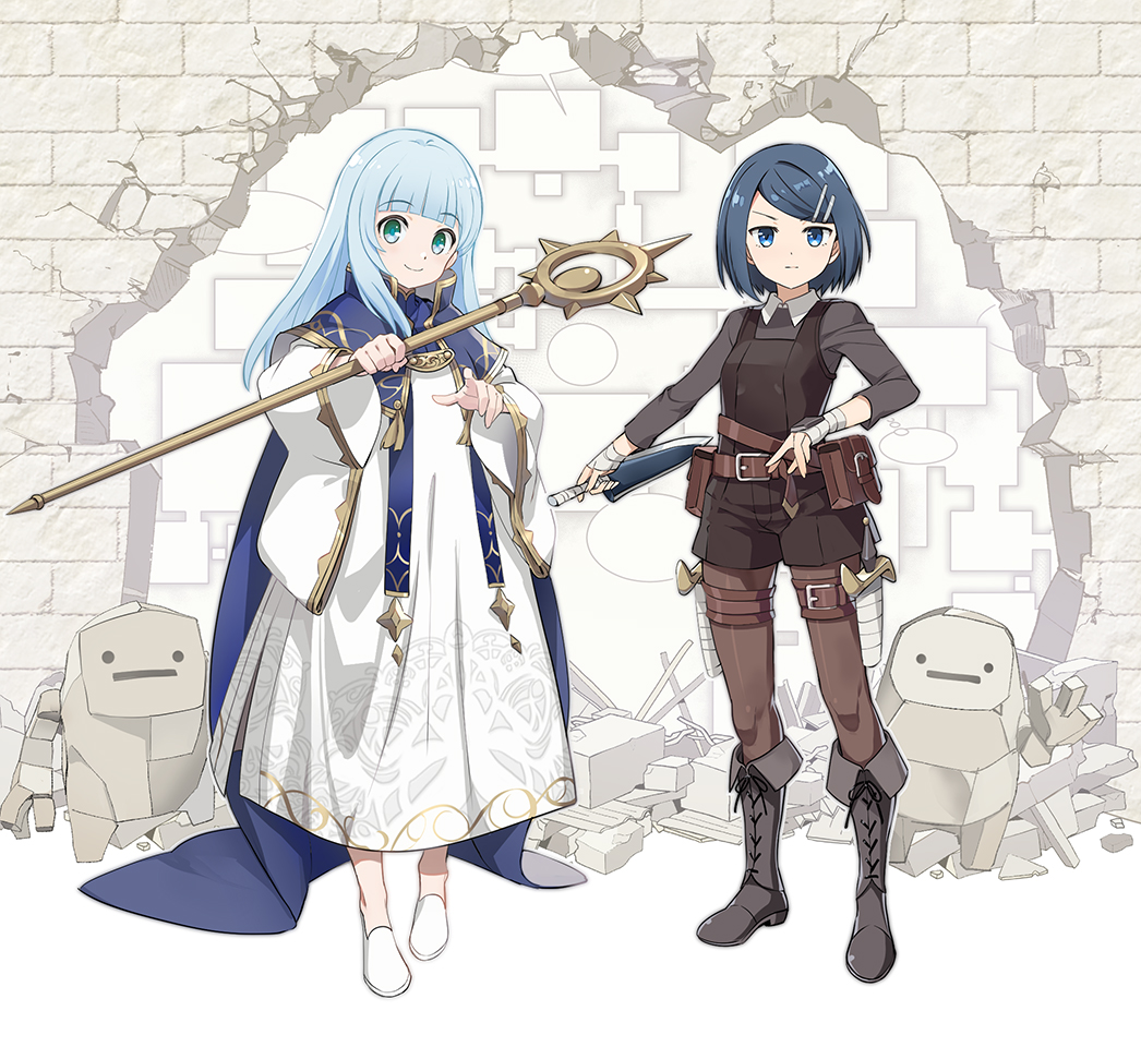 2girls, bandaged_hand, bandages, belle_(dungeon_people), belt, belt_pouch, blue_eyes, blue_hair