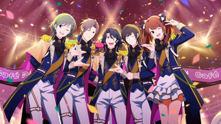 5boys, ;d, arm_behind_back, asselin_bb_ii, black_hair, blue_eyes, brown_eyes, brown_hair, cafe_parade_(idolmaster), closed_eyes, confetti, epaulettes, green_eyes, green_hair, hair_between_eyes, heterochromia, highres, idolmaster, idolmaster_side-m, kamiya_yukihiro, male_focus, mizushima_saki, mole, mole_under_mouth, multiple_boys, official_art, one_eye_closed, open_mouth, orange_eyes, pants, red_eyes, satan_(idolmaster), shinonome_soichiro, skirt, smile, teeth, trap, twintails, upper_teeth_only, uzuki_makio, v, white_pants