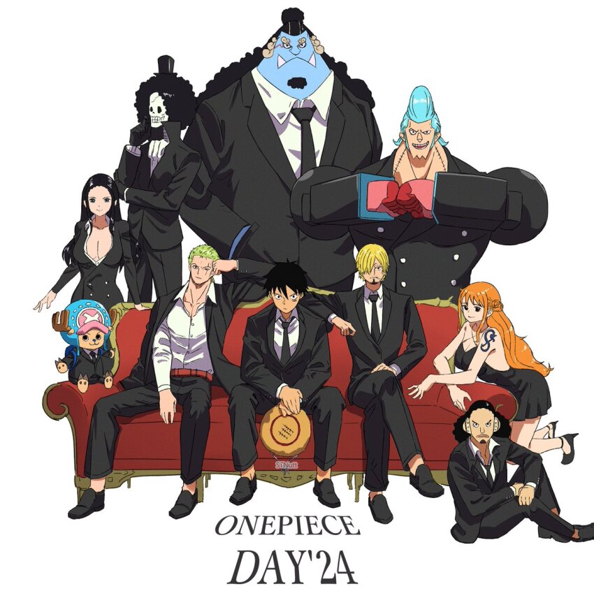 2girls, 6+boys, afro, antlers, arm_tattoo, black_dress, black_hair, black_jacket