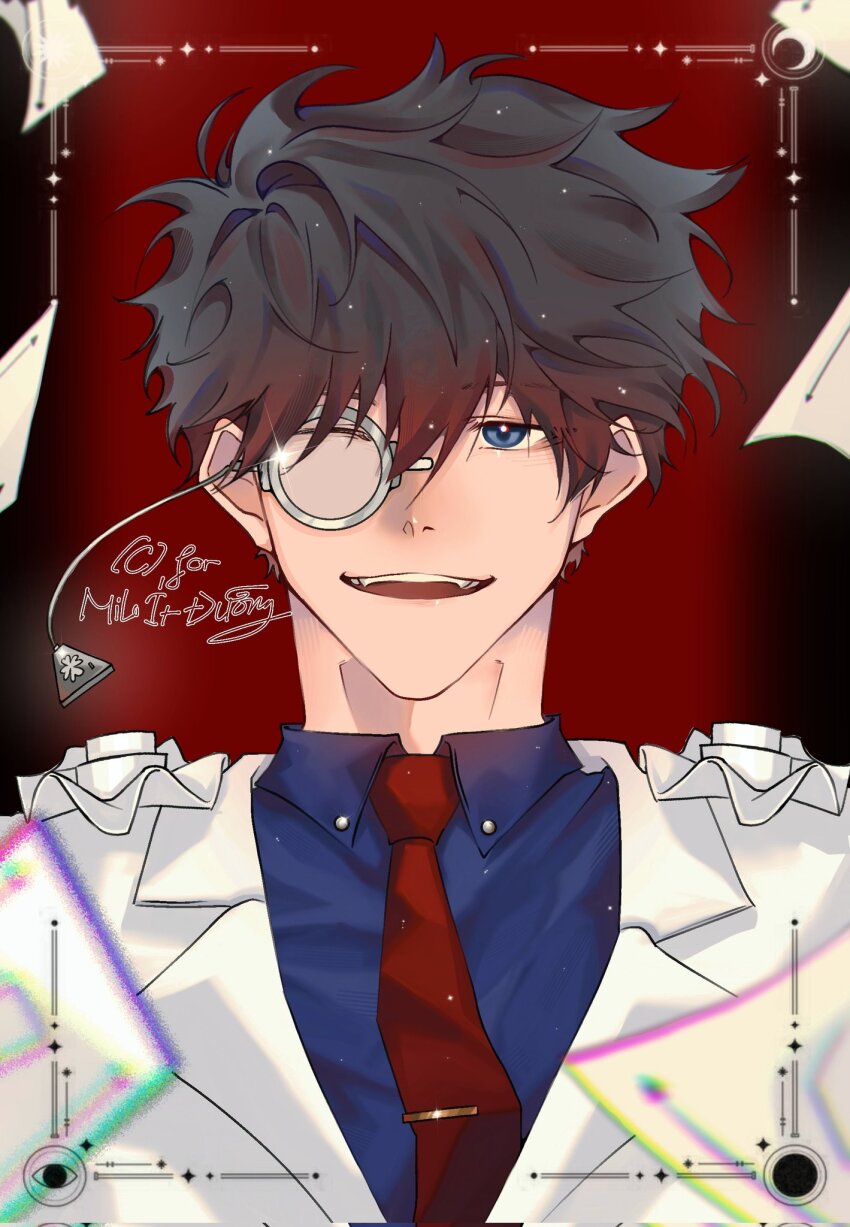 1boy, black_hair, blue_eyes, blue_shirt, collared_shirt, commission, hair_between_eyes, hashtag-only_commentary