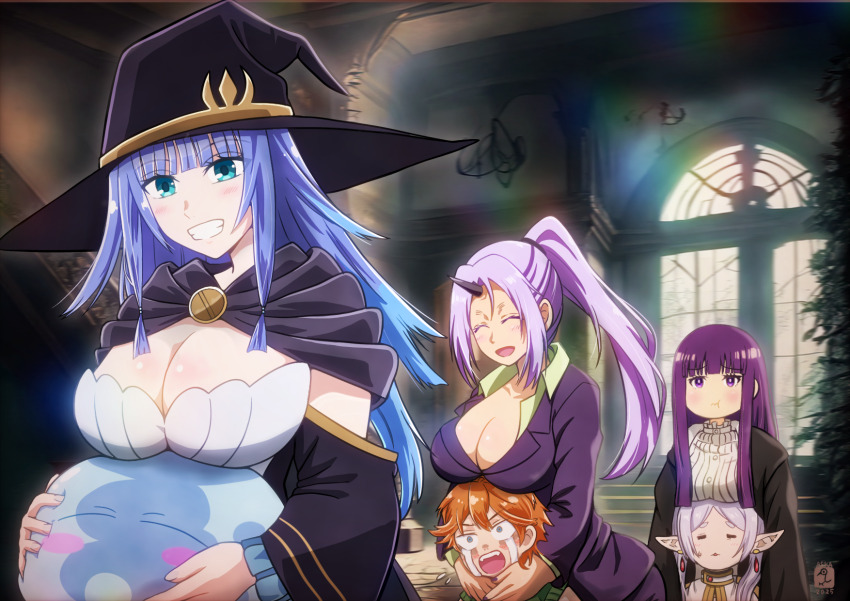1boy, 1other, 4girls, =_=, artist_logo, asukamama89, black_robe, blue_eyes, blue_hair, blush, blush_stickers, breast_rest, breasts, breasts_on_head, cape, charlotte_wraith, cleavage, closed_eyes, closed_mouth, crossover, crying, crying_with_eyes_open, earrings, elf, eyebrows_hidden_by_hair, fern_(sousou_no_frieren), formal_clothes, frieren, green_shirt, green_sweater, grin, hat, highres, hug, hug_from_behind, jewelry, large_breasts, large_hat, logo, looking_at_another, multiple_crossover, multiple_girls, oni, open_mouth, pointy_ears, pout, purple_cape, purple_eyes, purple_hair, purple_hat, purple_robe, purple_skirt, purple_suit, rimuru_tempest_(slime), robe, rosell_kischa, shion_(tensura), shirt, skirt, slime_(creature), smile, sousou_no_frieren, suit, sweater, tears, teeth, tensei_kizoku_kantei_skill_de_nariagaru, tensei_shitara_slime_datta_ken, trait_connection, white_sweater, witch_hat