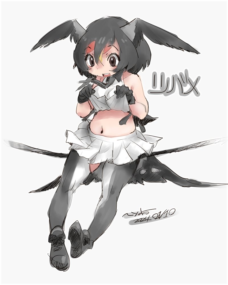 1girl, bare_shoulders, barn_swallow_(kemono_friends), bird_girl, bird_tail, bird_wings, black_boots, black_gloves