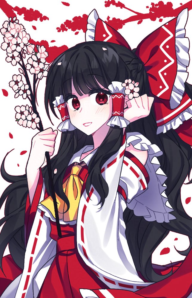 1girl, ascot, black_hair, bow, branch, cherry_blossoms, commentary, detached_sleeves