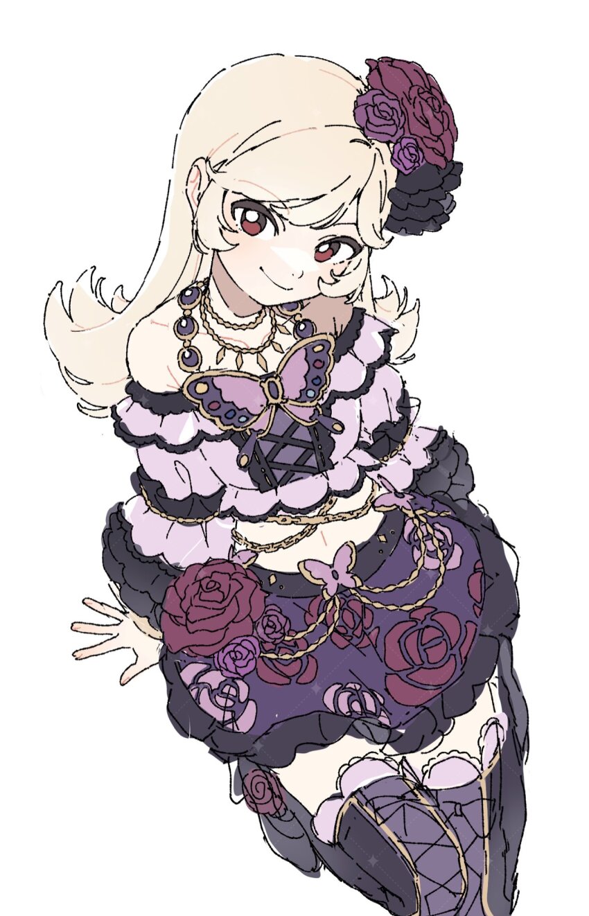 1girl, aikatsu!_(series), bare_shoulders, black_boots, blonde_hair, boots, bug, butterfly