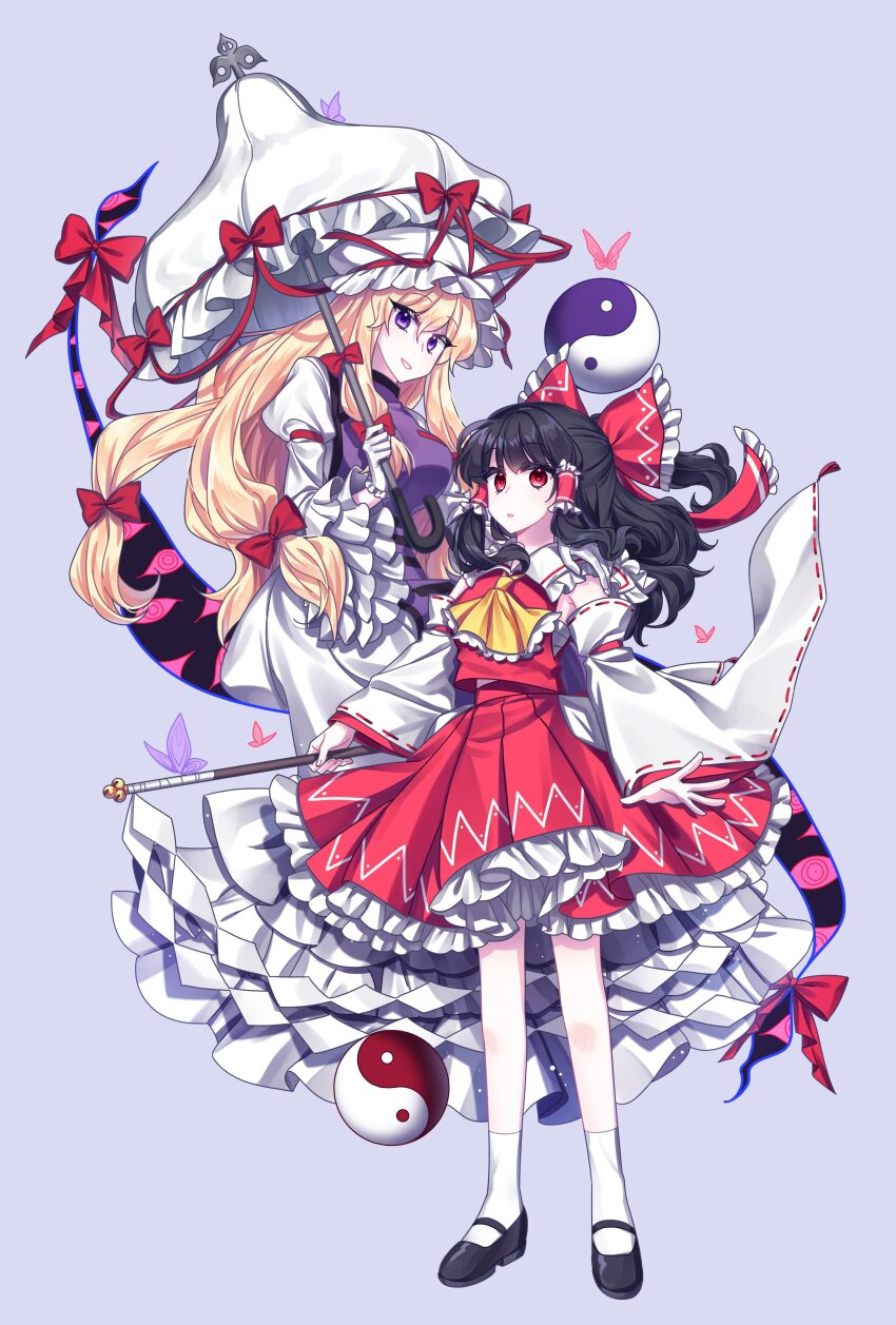 2girls, absurdres, ascot, black_hair, blonde_hair, bow, bug, butterfly