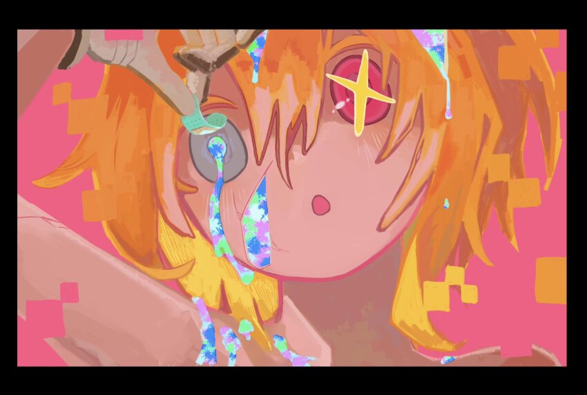 1girl, a.i._voice, adachi_rei, alternate_eye_color, aruun, bandaid_on_eye, black_border, blush