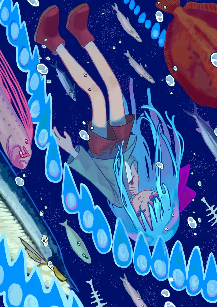 1girl, absurdres, alternate_costume, arm_at_side, aruun, blue_background, blue_eyes, blue_fire