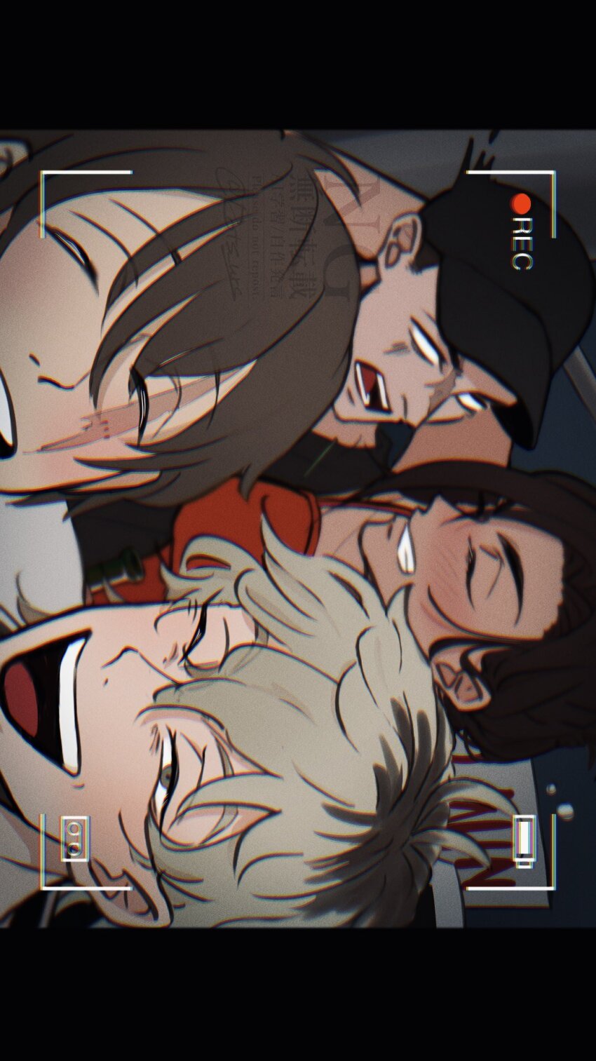 1girl, 3boys, alien_stage, arm_around_shoulder, baseball_cap, black_hat, blank_eyes, blonde_hair