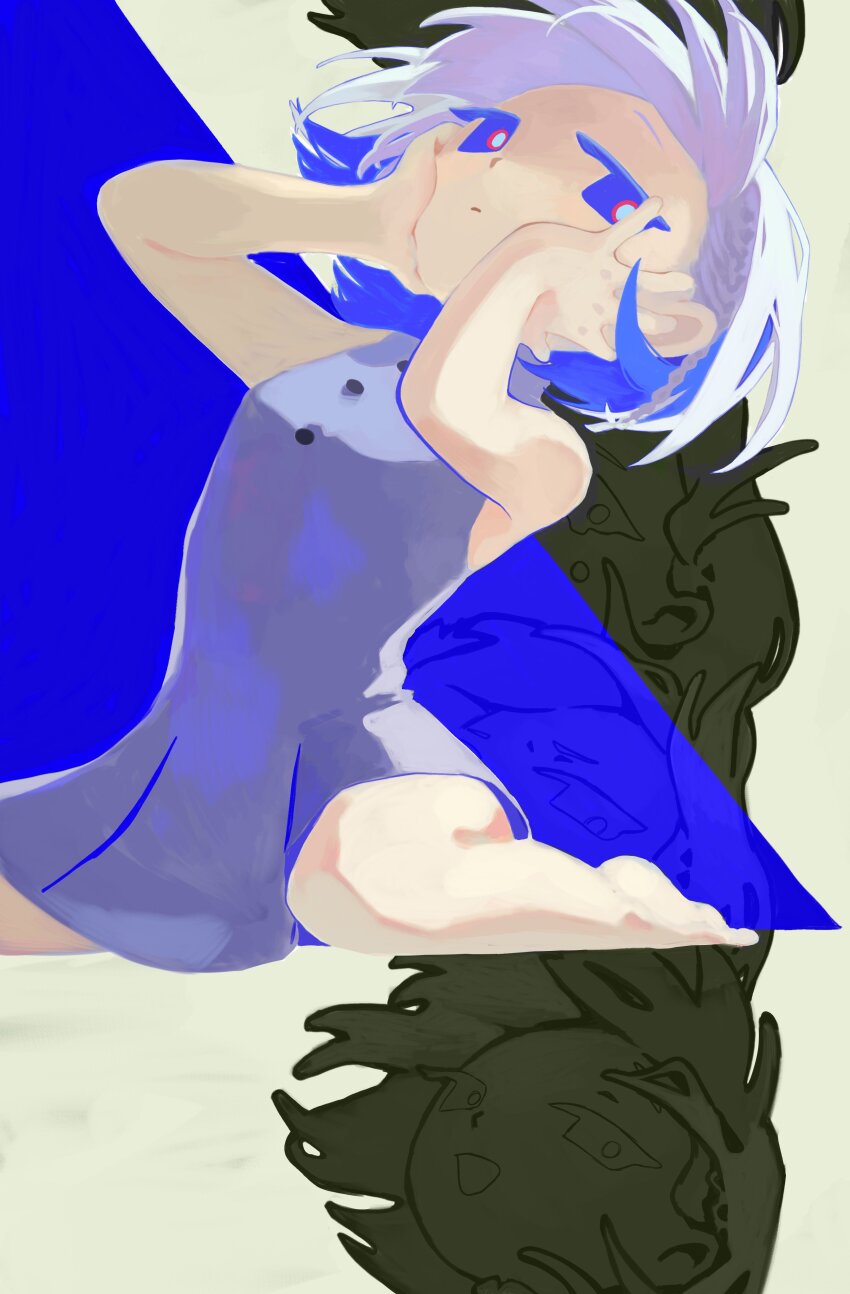 1girl, absurdres, aqua_pupils, aruun, barefoot, blue_background, blue_eyes, blue_hair, braid, buttons, cevio, closed_mouth, colored_inner_hair, commentary_request, crying, crying_with_eyes_open, dress, expressionless, floating_hair, foot_out_of_frame, furrowed_brow, glaring, grey_dress, hands_on_own_cheeks, hands_on_own_face, hands_up, head_back, highres, kamitsubaki_studio, leaning_back, looking_at_viewer, multicolored_eyes, multicolored_hair, multiple_views, no_sclera, partially_colored, red_eyes, rime_(cevio), short_dress, side_braid, simple_background, sitting, sleeveless, sleeveless_dress, smile, tears, turtleneck, turtleneck_dress, two-tone_background, variations, wariza, watashi_o_kaiketsu_shinaide_(cevio), white_background, white_hair