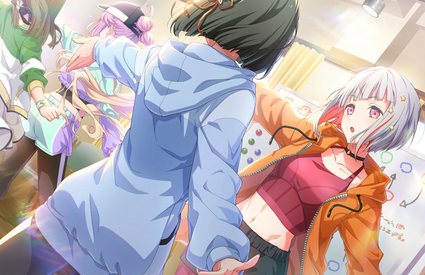 :o, ahoge, anyoji_hime, anyoji_hime_(winter_training_wear), arrow_(symbol), baseball_cap, black_bow, black_choker, black_hair, black_hat, black_leggings, blonde_hair, blue_jacket, blue_shorts, blunt_bangs, blunt_ends, bob_cut, bow, breasts, brown_hair, choker, coat, collarbone, colored_inner_hair, cropped_jacket, diagonal_bangs, dutch_angle, floating_hair, flower, flower_knot, game_cg, gradient_hair, green_jacket, grey_hair, hair_bow, hair_flower, hair_ornament, hat, highres, hood, hooded_jacket, in-universe_location, indoors, inverted_bob, jacket, kachimachi_kosuzu, kachimachi_kosuzu_(winter_training_wear), leggings, linea_alba, link!_like!_love_live!, long_hair, long_sleeves, love_live!, midriff, momose_ginko, momose_ginko_(winter_training_wear), multi-tied_hair, multicolored_hair, multicolored_jacket, navel, o-ring, o-ring_choker, official_alternate_costume, official_art, open_clothes, open_coat, open_mouth, orange_coat, pink_eyes, pink_hair, ponytail, purple_jacket, purple_shorts, red_hair, red_shirt, shirt, short_hair, short_shorts, shorts, sidelocks, skirt, sleeveless, sleeveless_shirt, slice_of_life, small_breasts, star_(symbol), star_hair_ornament, streaked_hair, swept_bangs, third-party_source, three-quarter_sleeves, training, two-tone_jacket, two-tone_shorts, very_long_hair, virtual_youtuber, white_jacket, white_skirt, whiteboard, wristband, yugiri_tsuzuri, yugiri_tsuzuri_(winter_training_wear)