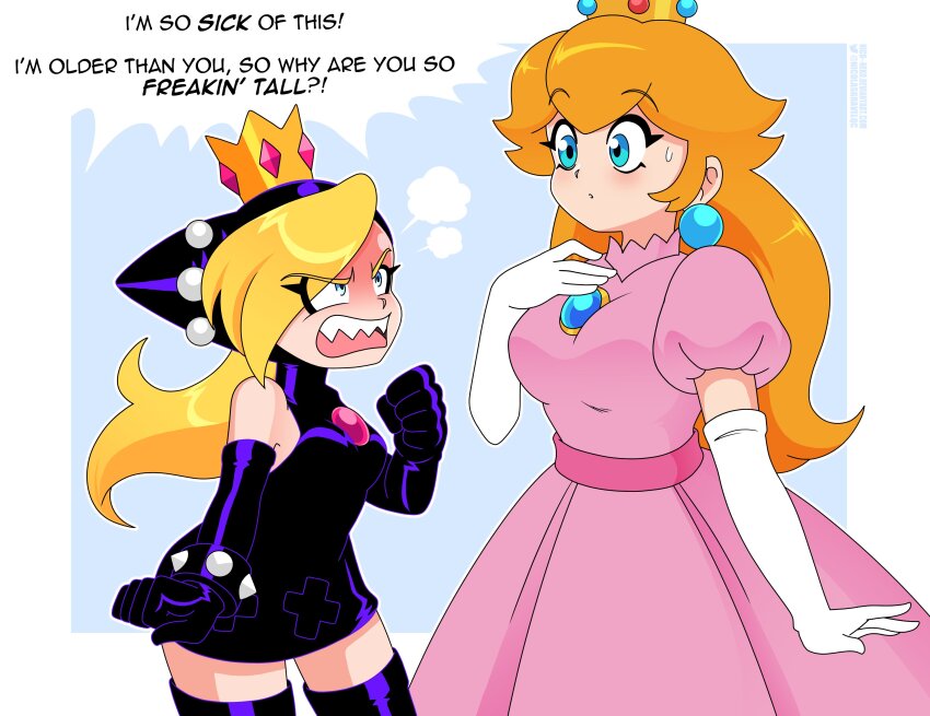 >:(, 2girls, absurdres, angry, bare_shoulders, black_dress, black_footwear, black_gloves
