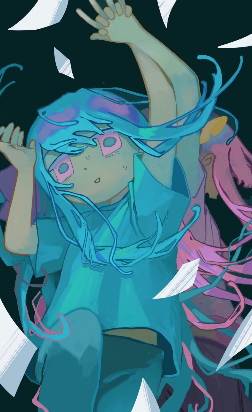 2girls, absurdres, alternate_costume, arm_up, aruun, back-to-back, bags_under_eyes, behind_another